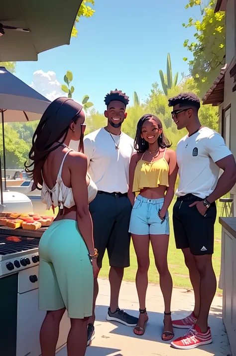 two young women in shorts with two young men wearing shorts, at bbq, outdoor grill, distance shot, happy, talking