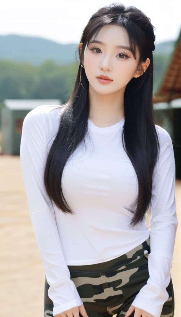 close-up of beautiful Chinese, Ningning is a AESPA South Korean pop girl group, age 22 years old girl, youthful face, perfect body, white body skin, very long hair, black hair, straight hair, 36 inches breasts size, wearing a plain standard white sleeved t...