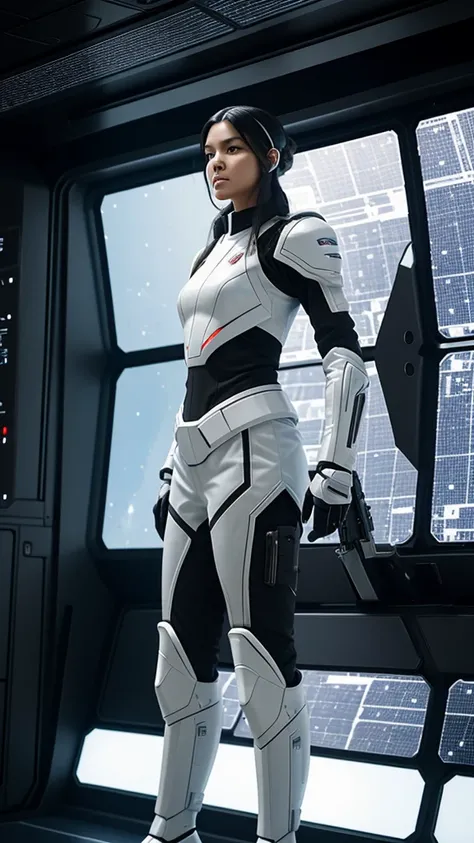 Create 4D realistic image of a futuristic beautiful with long black hair female soldier wearing white porcelain advanced combat armor, equipped with a high-tech visor and wielding a modern firearm pistol, fullbody, dynamic pose, The setting is the interior...