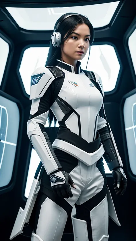 Create 4D realistic image of a futuristic beautiful with long black hair female soldier wearing white porcelain advanced combat armor, equipped with a high-tech visor and wielding a modern firearm pistol, fullbody, dynamic pose, The setting is the interior...