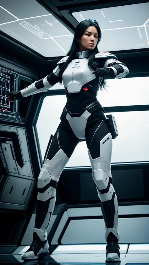 Create 4D realistic image of a futuristic beautiful with long black hair female soldier wearing white porcelain advanced combat armor, equipped with a high-tech visor and wielding a modern firearm pistol, fullbody, dynamic pose, The setting is the interior...