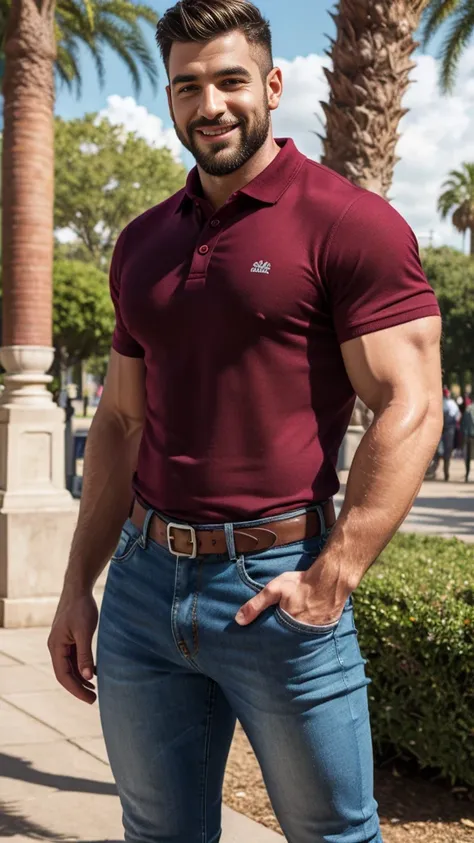 Handsome muscular man beard, strong and muscular legs, big lump, artwork, sonriendo, super sexy in jeans and burgundy polo shirt with blackstripes 8k ultra realistic masterpiece great detail next to a font super muscular , sexy , en el parque, 30 años de e...