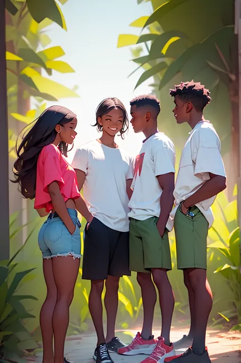 two young women in shorts with two young men wearing shorts, standing next to each other, talking, at bbq, outdoor grill, distance shot, happy, talking