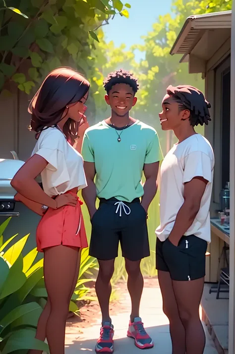 two young women in shorts with two young men wearing shorts, standing next to each other, talking, at bbq, outdoor grill, distance shot, happy, talking