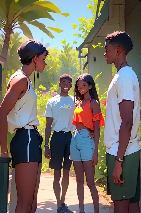 two young women in shorts with two young men wearing shorts, standing next to each other, talking, at bbq, outdoor grill, distance shot, happy, talking