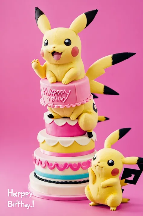 Pikachu with a dress and pink background with a cake and the phrase happy birthday Sofia 