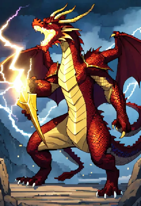 old large dragon breathing animated lightening, on a hero who is holding a shield to protect themselves from the lightening