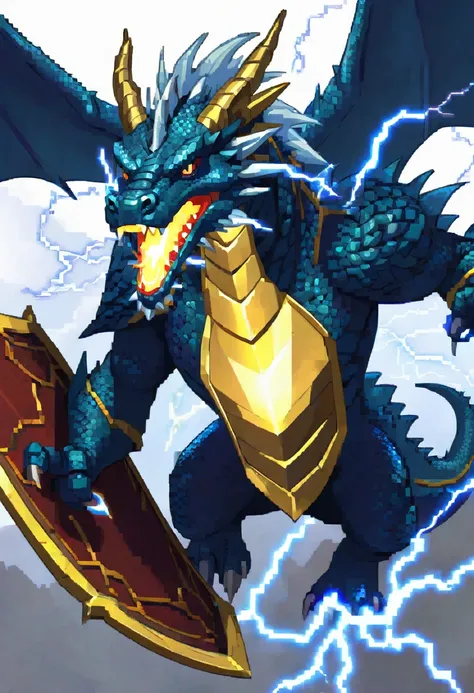 old large dragon breathing animated lightening, on a hero who is holding a shield to protect themselves from the lightening