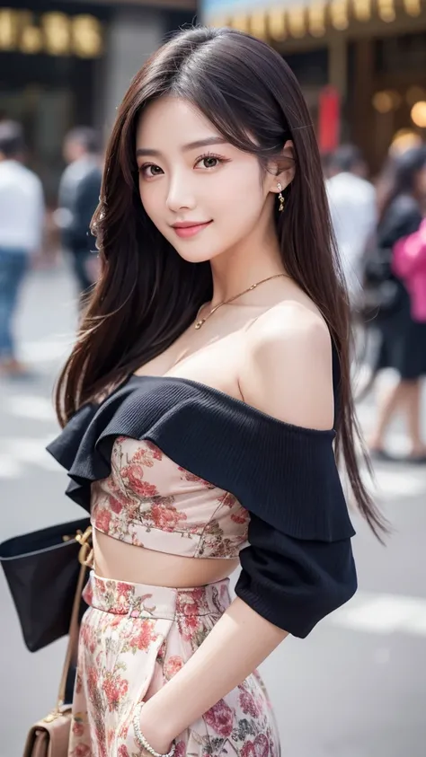 Photo capturing the upper half of a beautiful Chinese actress. Her face is insanely detailed,with special emphasis on her mesmerizing eyes. She wears an off-shoulder outfit and graces the viewer with a warm smile. The citys hustle and bustle form the backd...