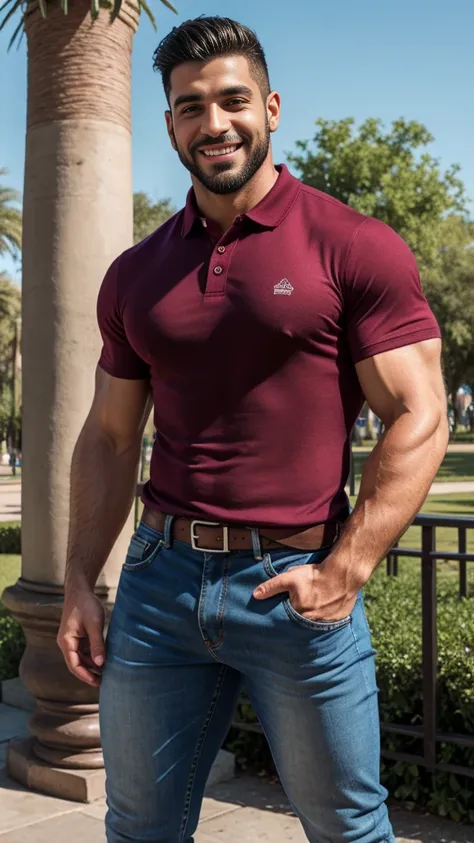 handsome muscular latino man beard, strong and muscular legs, big lump, artwork, sonriendo, super sexy in jeans and burgundy pol...