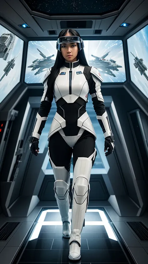 Create 4D realistic image of a futuristic beautiful with long black hair female soldier wearing white porcelain advanced combat armor, equipped with a high-tech visor and wielding a modern firearm pistol, fullbody, dynamic pose, The setting is the interior...