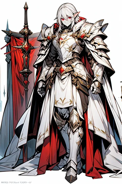 male half elf knight, full body art, silver hair, white skin, red eye, knight full plate adorned armor, white cape, perfectly de...