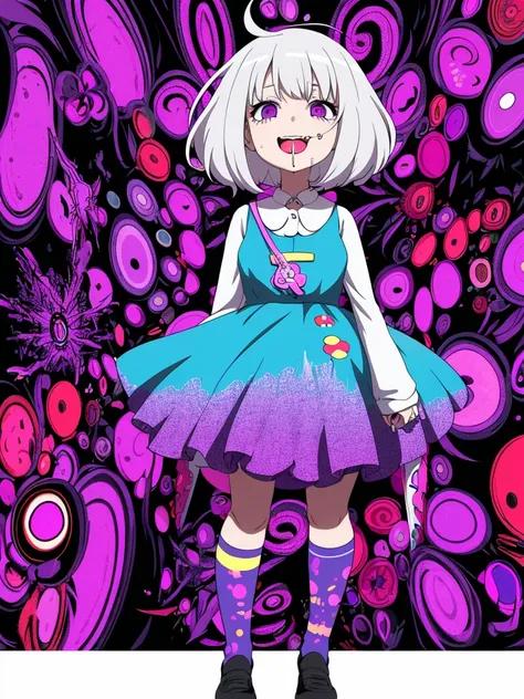 loli,drug,medicine,psycho smile,psycho,drool,psychedelic,full body,anime,mature female,HD,Detailed Background, masterpiece, highest quality,bob cut,silver hair,messy hair,Frizzy hair,purple eye,kawaii,psychedelic art,tank