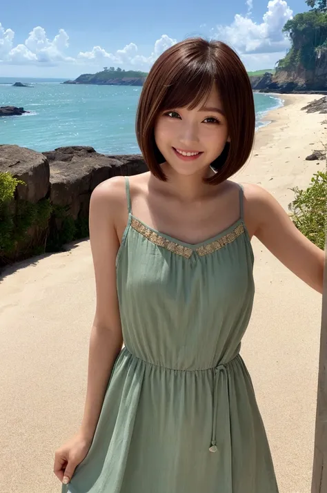 1woman, idol, bob cut, brown hair、Morning Glow、coastal、Sleeveless dress、smile、View here、20th Generation、strap slip
