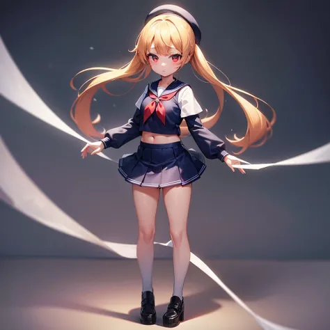 (Sailor suit),Big red ribbon,(((Navy Mini Skirt)))beret,,Cute little loli,Tiny Lori,Small girl,,Childish face, Very fine clean face,Top quality, Big eyes,Straight Hair,Yellow hair,Crimson Eye,(Dark Room), Subtle light, Natural light,Soft lighting,Light fro...