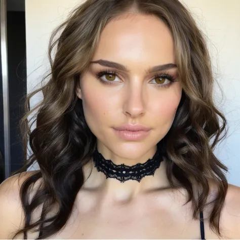 Soft natural diffuse lighting, Instagram selfie of a woman with beautiful wavy hair wearing a lacey dior choker around her neck,f/1.8,   natxportman,  