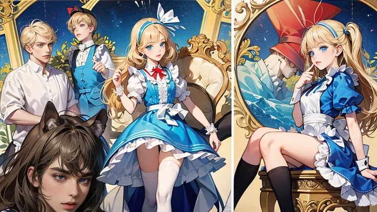 masterpiece, Highest quality, Portraiture, One Girl, (Alice in Wonderland:1.2), Blue clothes, White apron, Blonde, blue eyes, Usagi, Trump, Tea cup, White lace thigh high socks, Miniskirt lift, Dynamic pose,Electro Swing