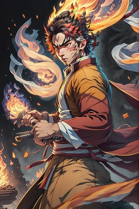 ((best qualityer)), ((work of art)), (detailded), (8k resolution), Kimetsu no Yaiba, adult man, experienced swordsman, Katana rich in details, red traces on the face, Red neon aura, flames in the background, white kimono, Slightly dark hair, groundbreaking...