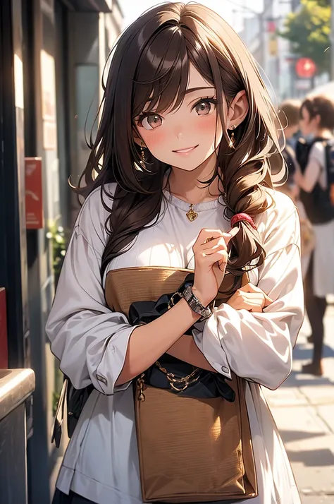 (masterpiece, best quality, ultra-detailed, highres, 4k),(beautiful detailed eyes),(very detailed face),(1girl),HDR,long hair, phone, brown eyes, brown hair, cellphone, bracelet, tank , jewelry, watch, lips, solo focus, nail polish, blurry background, smil...