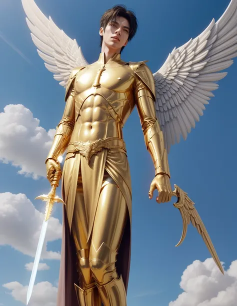 create a tall male angel with wings, according to a golden sword, your background is bright sky