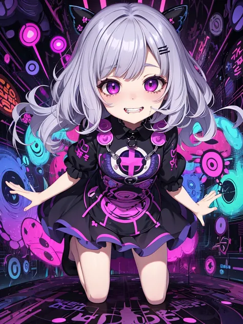 loli,drug,medicine,psycho smile,psycho,drool,psychedelic,full body,anime,mature female,HD,Detailed Background, masterpiece, highest quality,bob cut,silver hair,messy hair,Frizzy hair,purple eye,kawaii,psychedelic art,