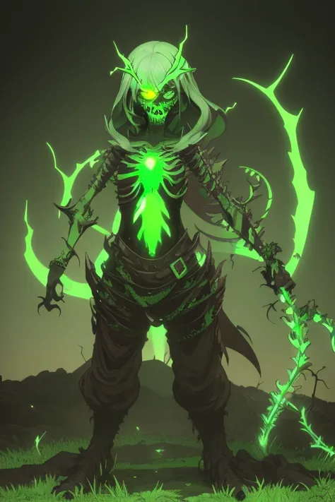 Undead skeletal zombie with open chest with a fungus inside Neon green with sprouts and roots covering the body Neon green eyes Destroyed ranger clothing Dirty arms covered by roots and legs with blisters covering his body Background of a radioactive swamp...