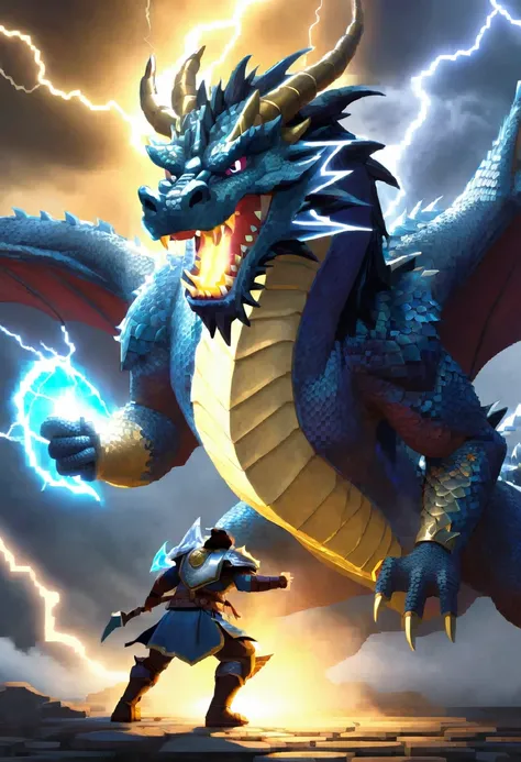 old large dragon breathing animated lightening, on a hero who is holding a shield to protect themselves from the lightening