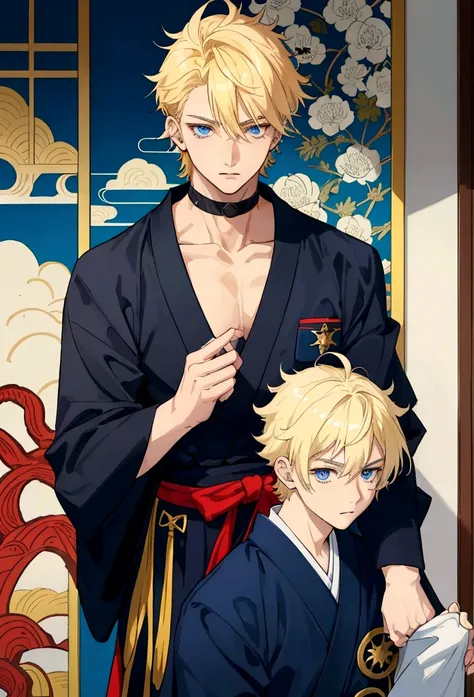 a teenage boy with blonde hair the size of Mikey&#39;s hair from Tokyo Revengers, with dark blue eyes and wearing a Japanese  and at school,anime styling