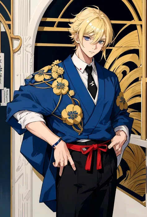 a teenage boy with blonde hair the size of Mikey&#39;s hair from Tokyo Revengers, with dark blue eyes and wearing a Japanese  and at school,anime styling