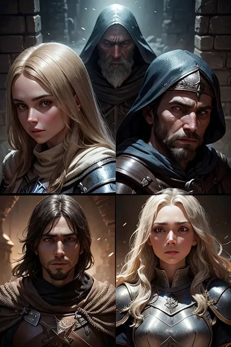 a knight, a ranger, a cleric, and a wizard exploring through a dark dungeon, faces detailed, good faces, perfect faces