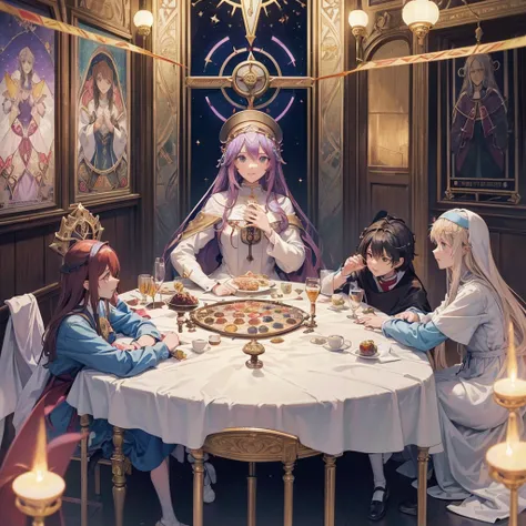 Tarot Cards（Female Pope(Salvator Mundi）のLast Supper（　canteen　Draw on canvas（Stained glass（Valentine　hologram　Blue light swirling）　Last Supper　　holy grail　Christ　smile）Anime Poster、oil）
