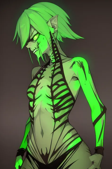 Undead skeletal zombie with open chest with a fungus inside Neon green with sprouts and roots covering the body Neon green eyes Destroyed ranger clothing Dirty arms covered by roots and legs with blisters covering his body Background of a radioactive swamp...