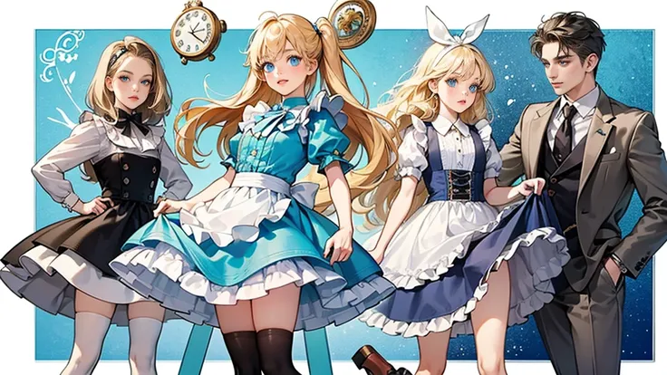 masterpiece, Highest quality, Portraiture, One Girl, (Alice in Wonderland:1.2), Blue clothes, White apron, Blonde, blue eyes, Usagi, Trump, Tea cup, White lace thigh high socks, Miniskirt lift, Dynamic pose,Electro Swing