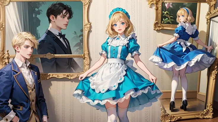 masterpiece, Highest quality, Portraiture, One Girl, (Alice in Wonderland:1.2), Blue clothes, White apron, Blonde, blue eyes, Usagi, Trump, Tea cup, White lace thigh high socks, Miniskirt lift, Dynamic pose,Electro Swing