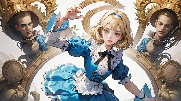 masterpiece, Highest quality, Portraiture, One Girl, (Alice in Wonderland:1.2), Blue clothes, White apron, Blonde, blue eyes, Usagi, Trump, Tea cup, White lace thigh high socks, Miniskirt lift, Dynamic pose,Electro Swing