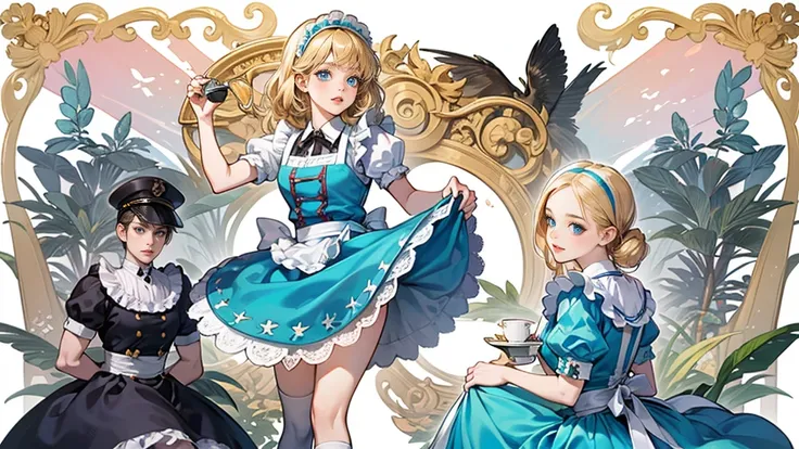 masterpiece, Highest quality, Portraiture, One Girl, (Alice in Wonderland:1.2), Blue clothes, White apron, Blonde, blue eyes, Usagi, Trump, Tea cup, White lace thigh high socks, Miniskirt lift, Dynamic pose,Electro Swing