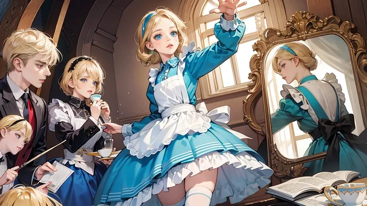 masterpiece, Highest quality, Portraiture, One Girl, (Alice in Wonderland:1.2), Blue clothes, White apron, Blonde, blue eyes, Usagi, Trump, Tea cup, White lace thigh high socks, Miniskirt lift, Dynamic pose,Electro Swing