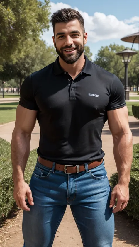 Handsome muscular man beard, strong and muscular legs, big lump, artwork, sonriendo, super sexy in jeans and black polo shirt with blackstripes 8k ultra realistic masterpiece great detail next to a font super muscular , sexy , en el parque, 35 años de edad...