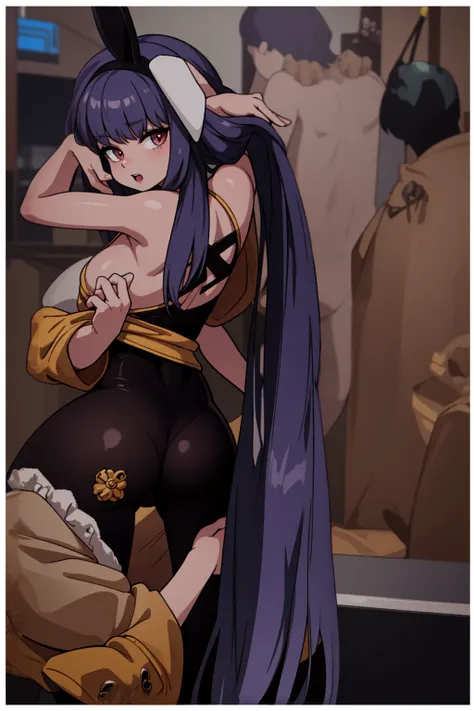 masterpiece, full body, 8k, ultra high definition, high quality, a young girl wearing a sexy outfit, fake bunny ears, purple fake hair, v sign with her fingers