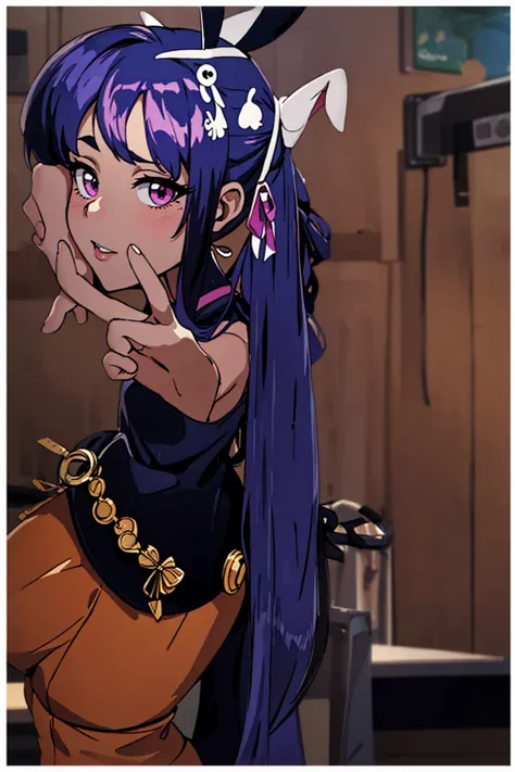 masterpiece, full body, 8k, ultra high definition, high quality, a young girl wearing a sexy outfit, fake bunny ears, purple fake hair, v sign with her fingers