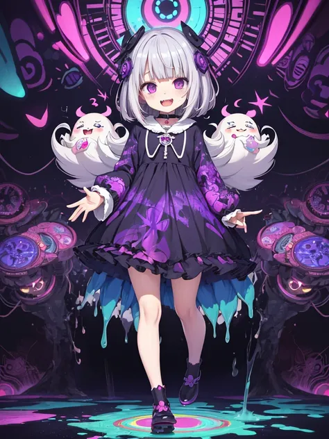 loli,psyche,psycho smile,open mouth,psycho,drool,psychedelic,full body,anime,mature female,HD,Detailed Background, masterpiece, highest quality,bob cut,silver hair,messy hair,Frizzy hair,purple eye,kawaii,psychedelic art,