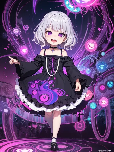 loli,psyche,psycho smile,open mouth,psycho,drool,psychedelic,full body,anime,mature female,HD,Detailed Background, masterpiece, highest quality,bob cut,silver hair,messy hair,Frizzy hair,purple eye,kawaii,psychedelic art,