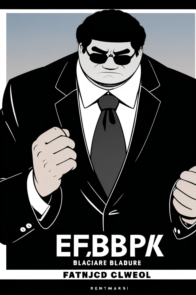 A fbi black suit, with black glasses, black hair, fat man, looking up at the sky