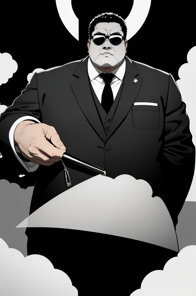 A fbi black suit, with black glasses, black hair, fat man, looking up at the sky