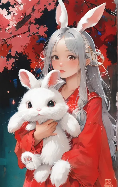 On a bright red campus"YES"Character、beautiful illustration, best quality, cute girl, bedroom, pastel color, fluffy bunny ears, , silver long hair, rabbit stuffed toy, bright lighting, light pink eyes