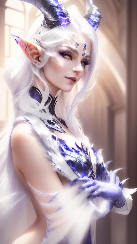 a woman with horns and white hair is posing for a picture, female humanoid creature, an elf queen, female elf, hyperdetailed fantasy character, dark elf maiden, portrait of an elf queen, dark elf princess, of an elden ring elf, elven character with smirk, ...