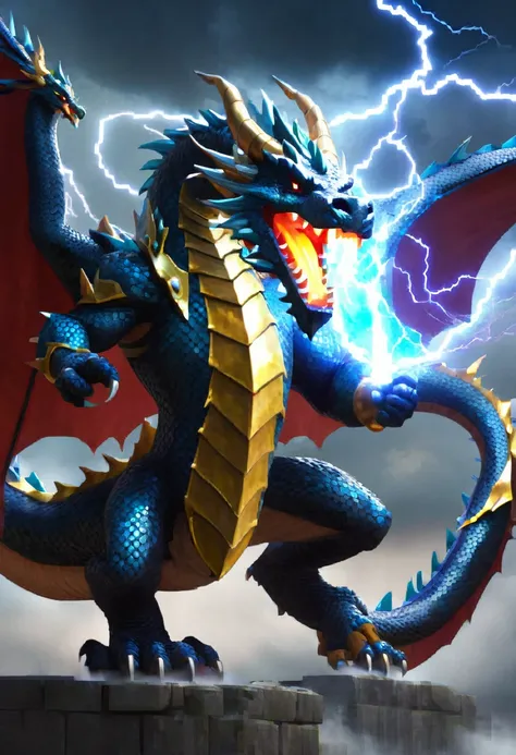 old large dragon breathing animated lightening, on a hero who is holding a shield to protect themselves from the lightening