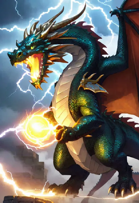 old large dragon breathing animated lightening, on a hero who is holding a shield to protect themselves from the lightening