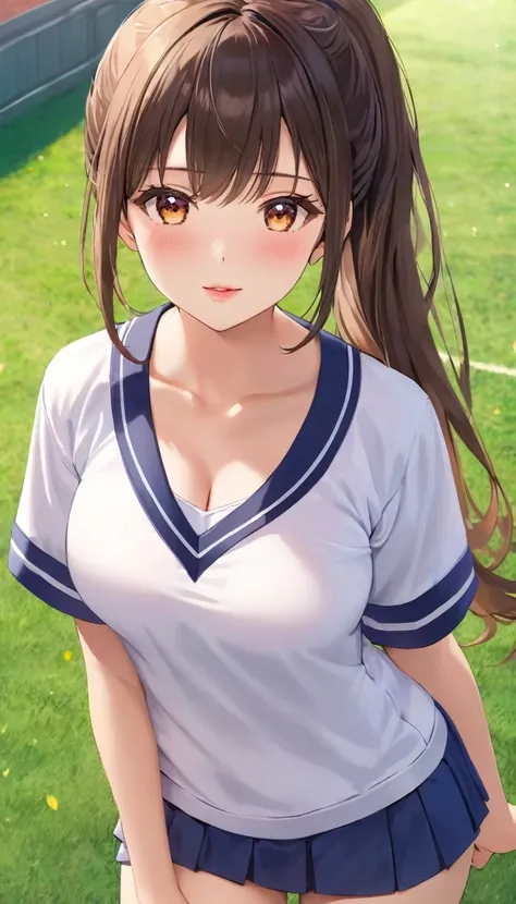 {{{{{16k,Ultra High-resolution realistic photograph of neat virgin first-year junior high school girls in School-designated gym uniform with junior high ribbon as pretty as a actress in Grass schoolyard, Shes in the first year of middle school, but shes to...