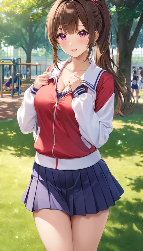 {{{{{16k,Ultra High-resolution realistic photograph of neat virgin first-year junior high school girls in School-designated gym uniform with junior high ribbon as pretty as a actress in Grass schoolyard, Shes in the first year of middle school, but shes to...